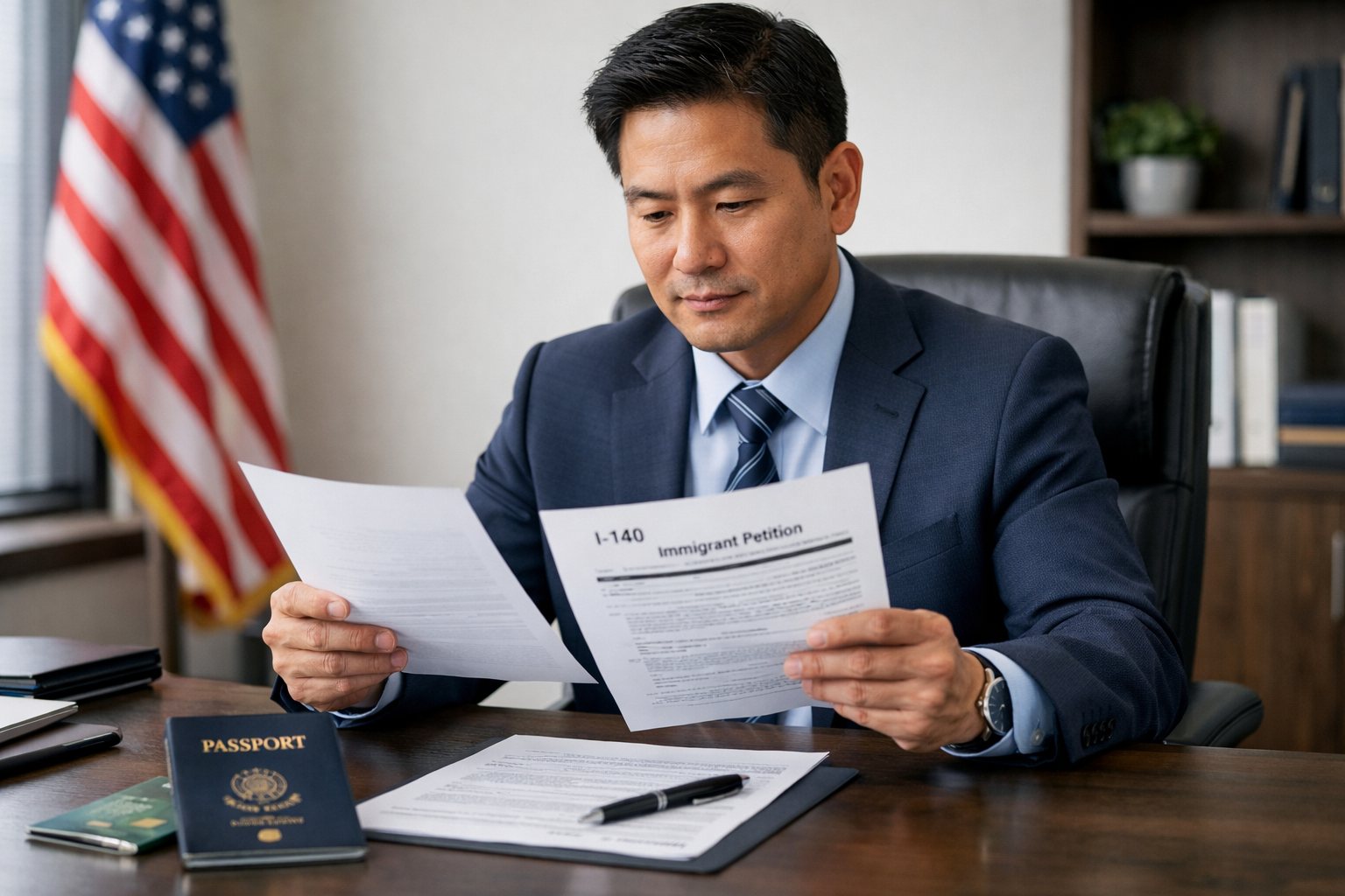 A professional reviewing his employment-based green card paperwork