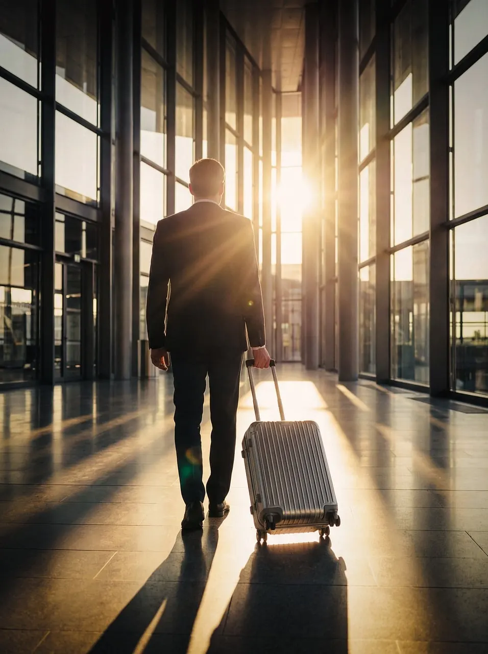 A business traveler walking through a sunlit airport terminal with a suitcase